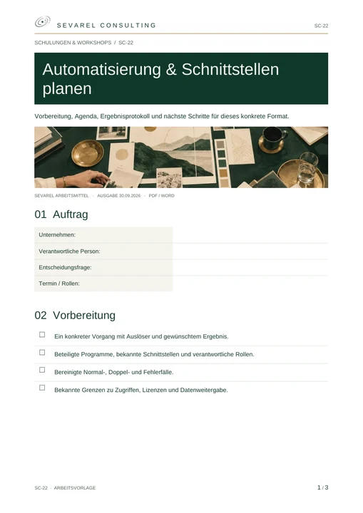 Titelseite: Automatisierung & Schnittstellen planen · Arbeitsblatt