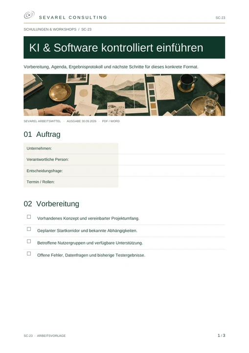 Titelseite: KI & Software kontrolliert einführen · Arbeitsblatt